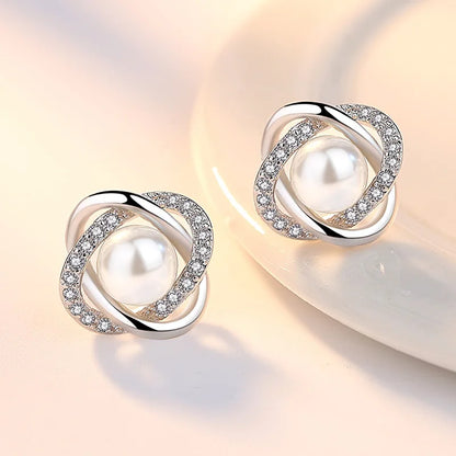 Boucles d'Oreilles Créoles Torsadées Argent 925 Cristal Zirconium et Perle - Bijoux Luxe pour Femme