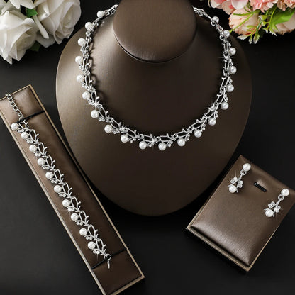 Parure Mariage 4 Pièces Perle Strass Collier Boucles Bracelet Femme