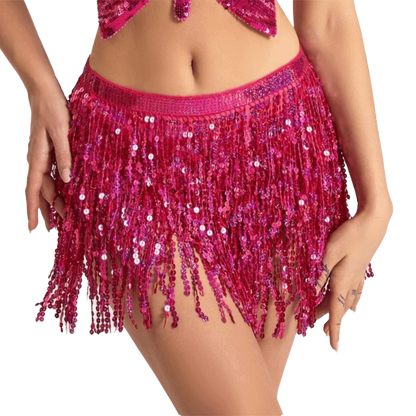Ceinture Danse Orientale 4 Couches Chiffon Sequins Pompons Multicolores