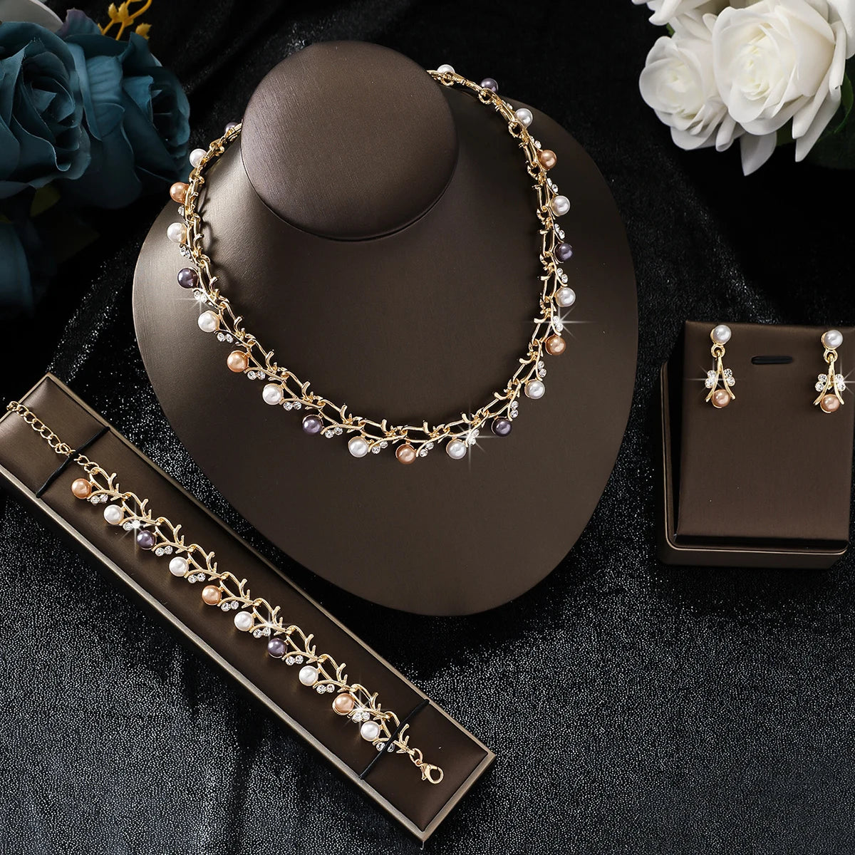 Parure Mariage 4 Pièces Perle Strass Collier Boucles Bracelet Femme