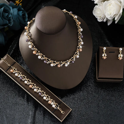 Parure Mariage 4 Pièces Perle Strass Collier Boucles Bracelet Femme