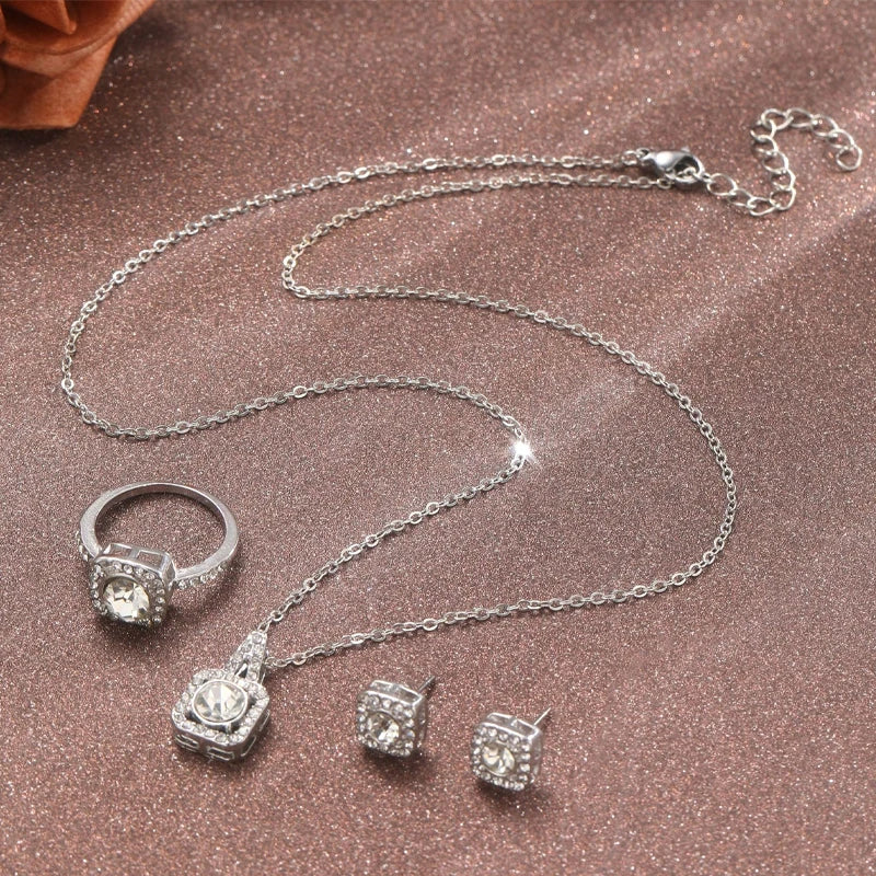 Parure Bijoux Minimaliste Zircon Design Carré | Collier Pendentif + Bague + Boucles d'Oreilles