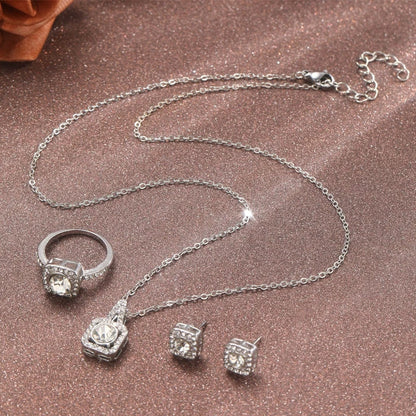 Parure Bijoux Minimaliste Zircon Design Carré | Collier Pendentif + Bague + Boucles d'Oreilles