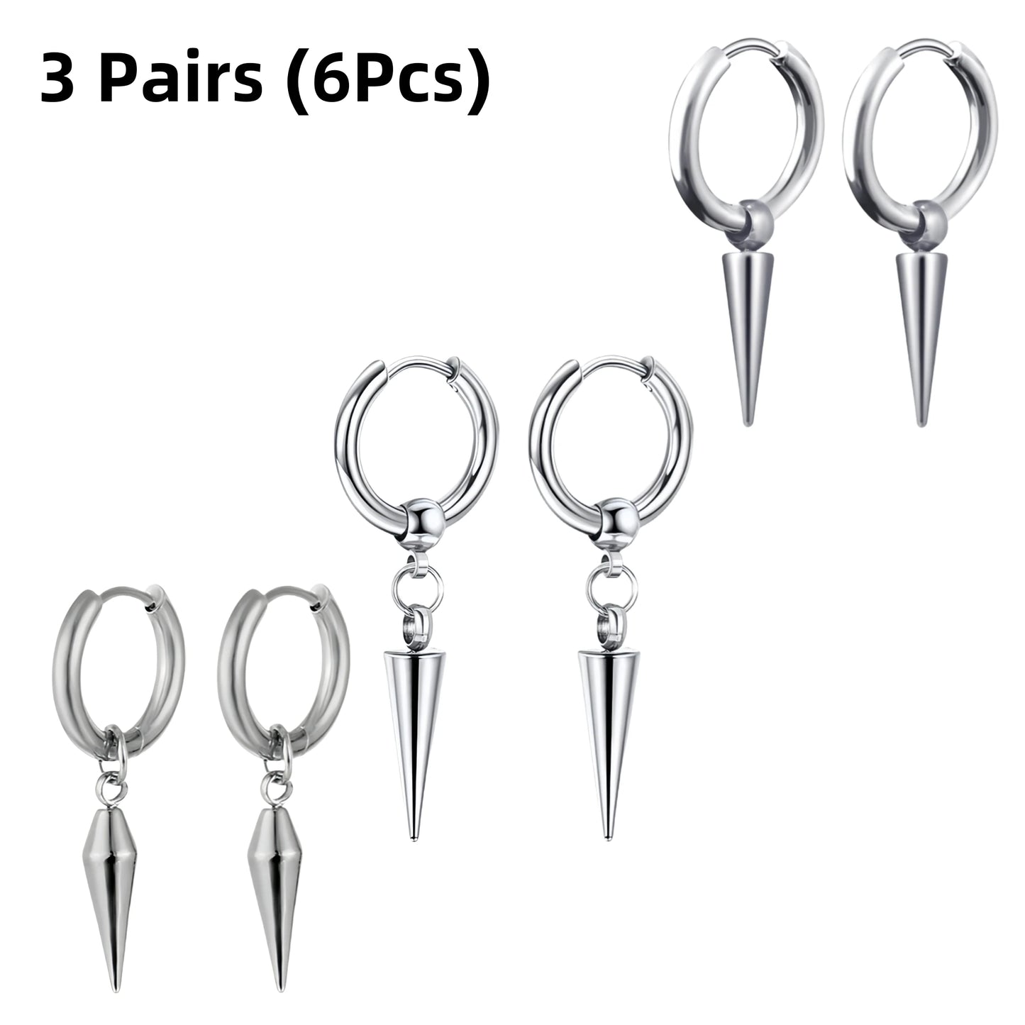 3 Créoles Goutte d'Eau Acier Inoxydable Punk Unisexe