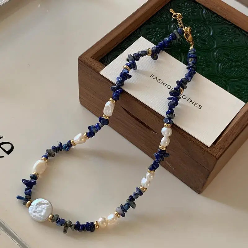 Parure Lapis-Lazuli Perle d'Eau Douce Or 14K Collier Bracelet Femme