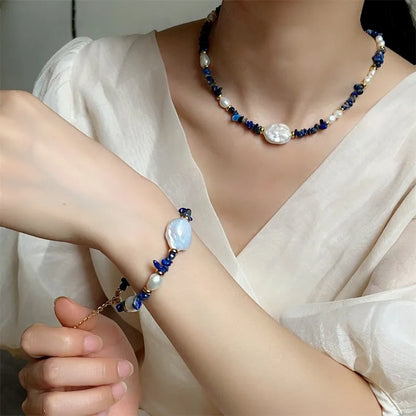 Parure Lapis-Lazuli Perle d'Eau Douce Or 14K Collier Bracelet Femme