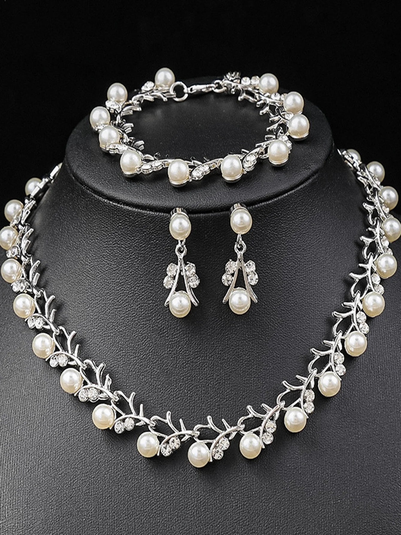 Parure Mariage 4 Pièces Perle Strass Collier Boucles Bracelet Femme