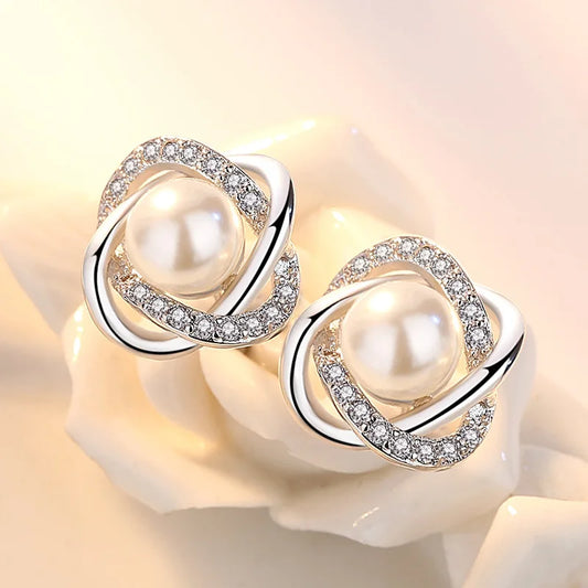 Boucles d'Oreilles Créoles Torsadées Argent 925 Cristal Zirconium et Perle - Bijoux Luxe pour Femme