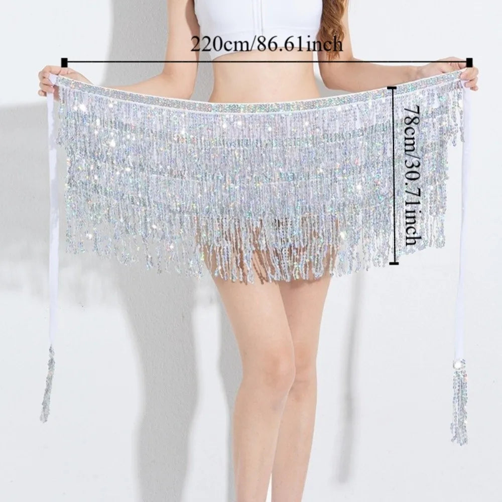 Ceinture Danse Orientale 4 Couches Chiffon Sequins Pompons Multicolores