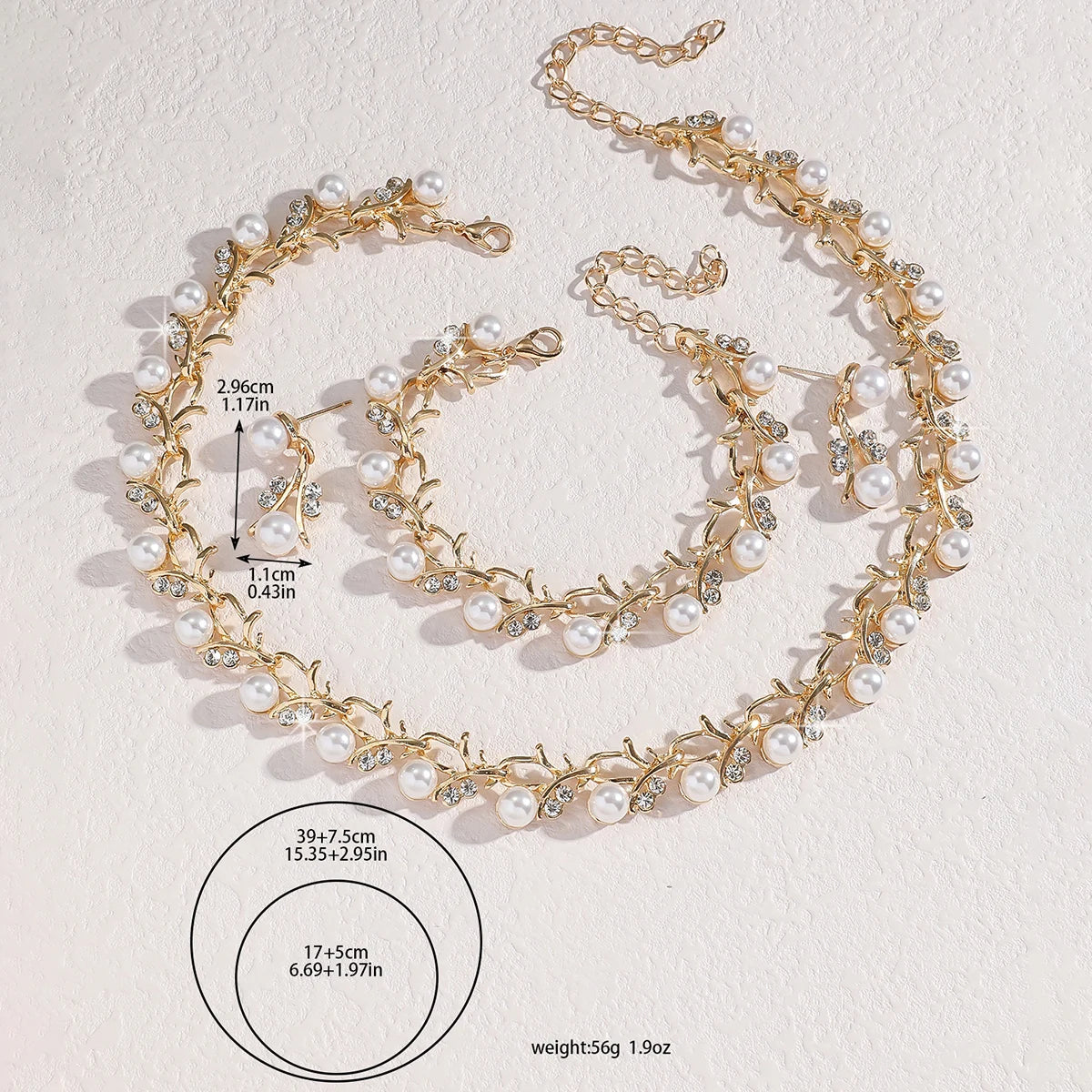 Parure Mariage 4 Pièces Perle Strass Collier Boucles Bracelet Femme