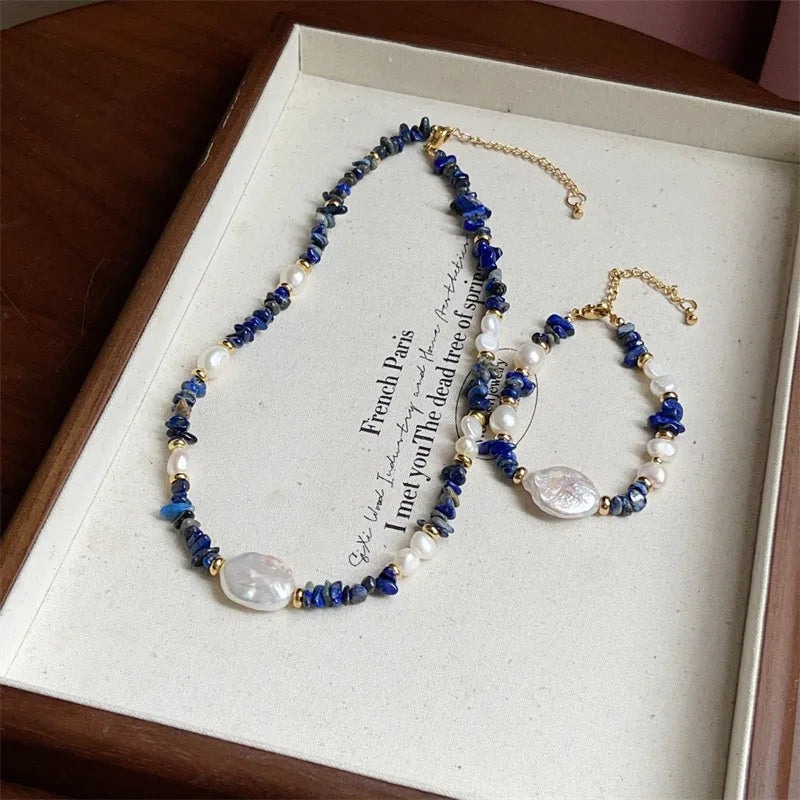 Parure Lapis-Lazuli Perle d'Eau Douce Or 14K Collier Bracelet Femme