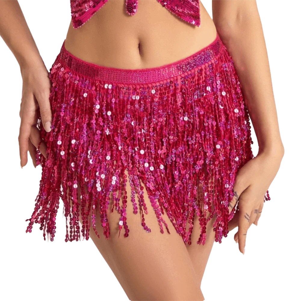 Ceinture Danse Orientale 4 Couches Chiffon Sequins Pompons Multicolores