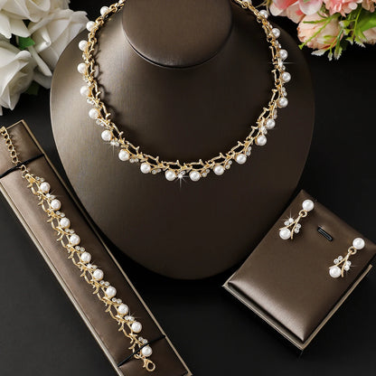 Parure Mariage 4 Pièces Perle Strass Collier Boucles Bracelet Femme