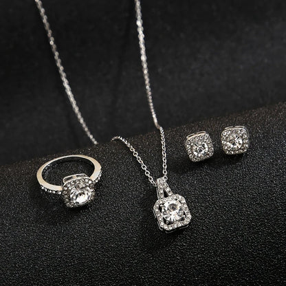 Parure Bijoux Minimaliste Zircon Design Carré | Collier Pendentif + Bague + Boucles d'Oreilles