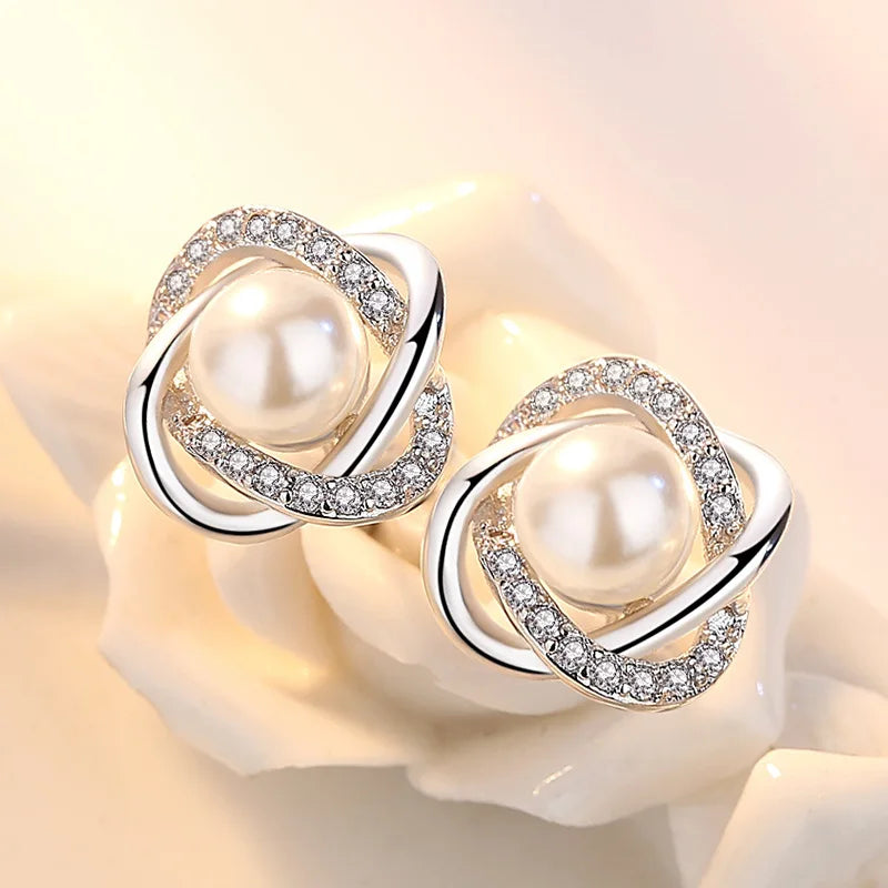 Boucles d'Oreilles Créoles Torsadées Argent 925 Cristal Zirconium et Perle - Bijoux Luxe pour Femme